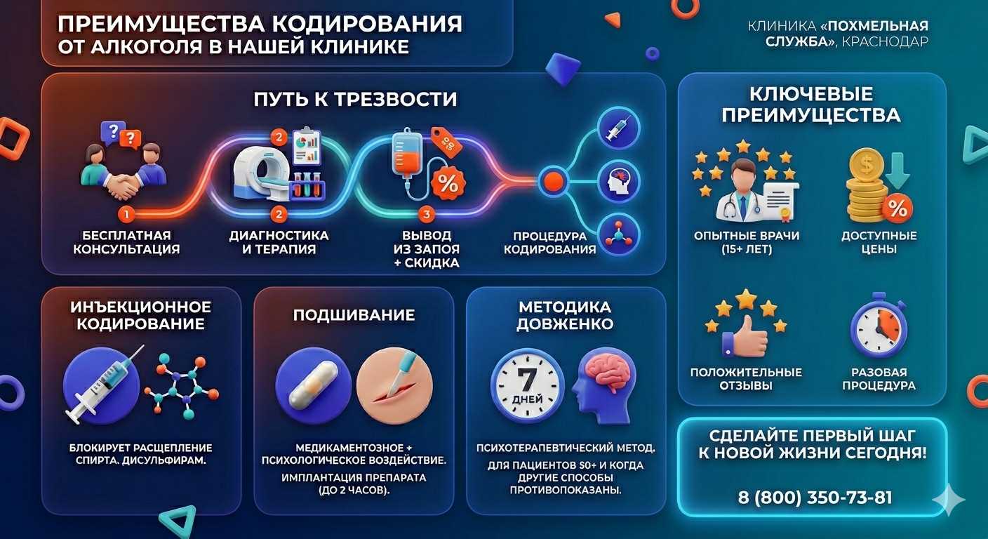 Инфографика о методах кодирования от алкоголя в Кулешовке: инъекции, подшивание, метод Довженко. Преимущества клиники и этапы лечения.