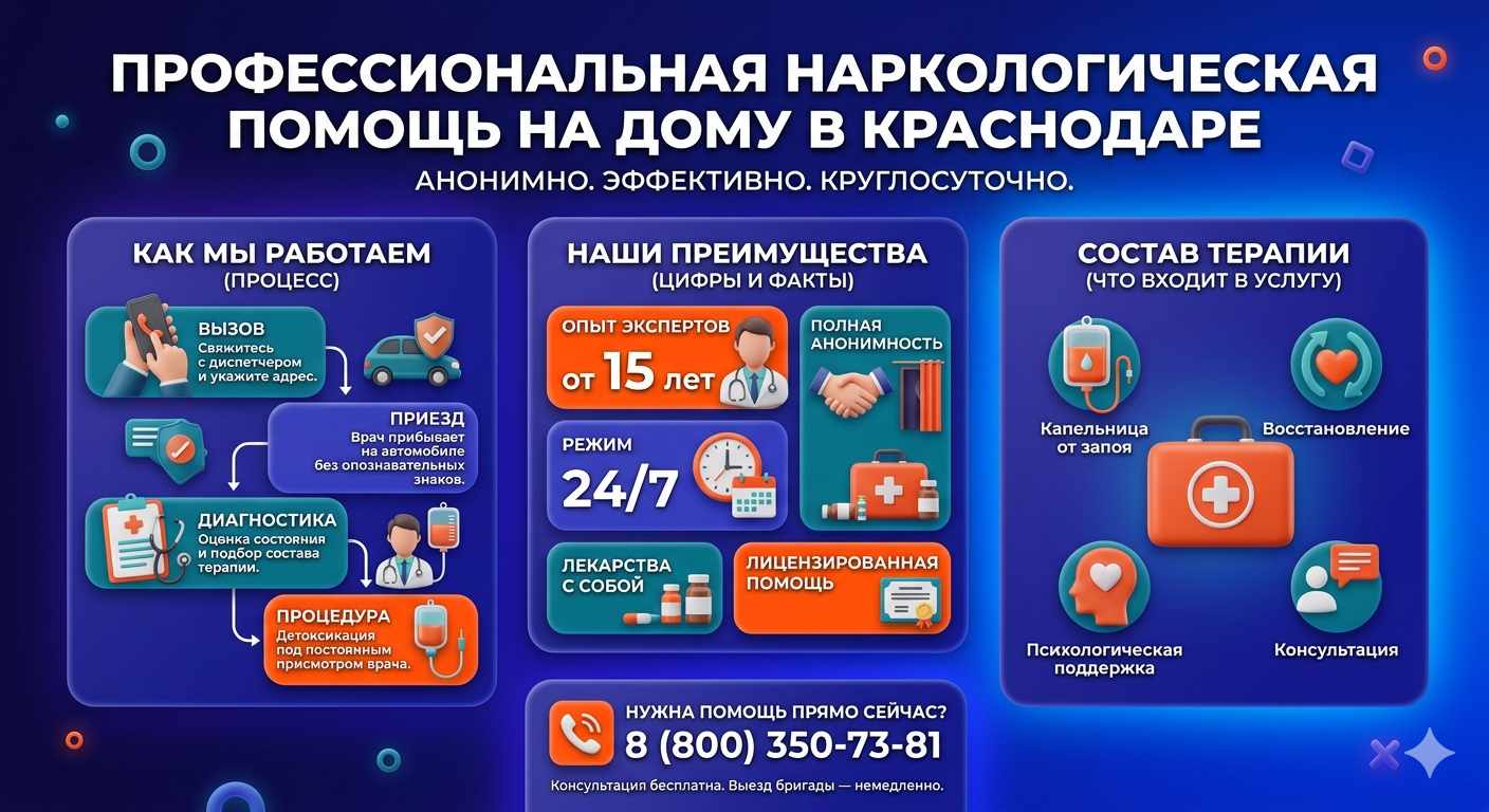 Инфографика о принципах лечения алкоголизма на дому в Кулешовке: этапы вызова нарколога, преимущества анонимной детоксикации и состав медицинской помощи.